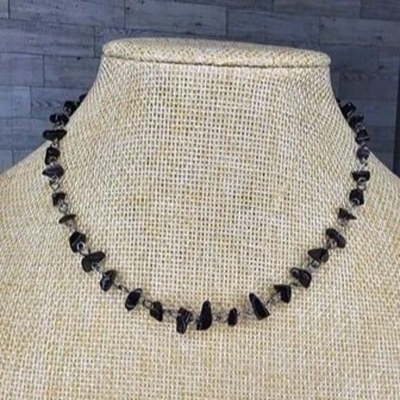 Black Glass Chip & Gunmetal Choker Necklace 14.5"L w/ 3" Ext. - Picture 3 of 4